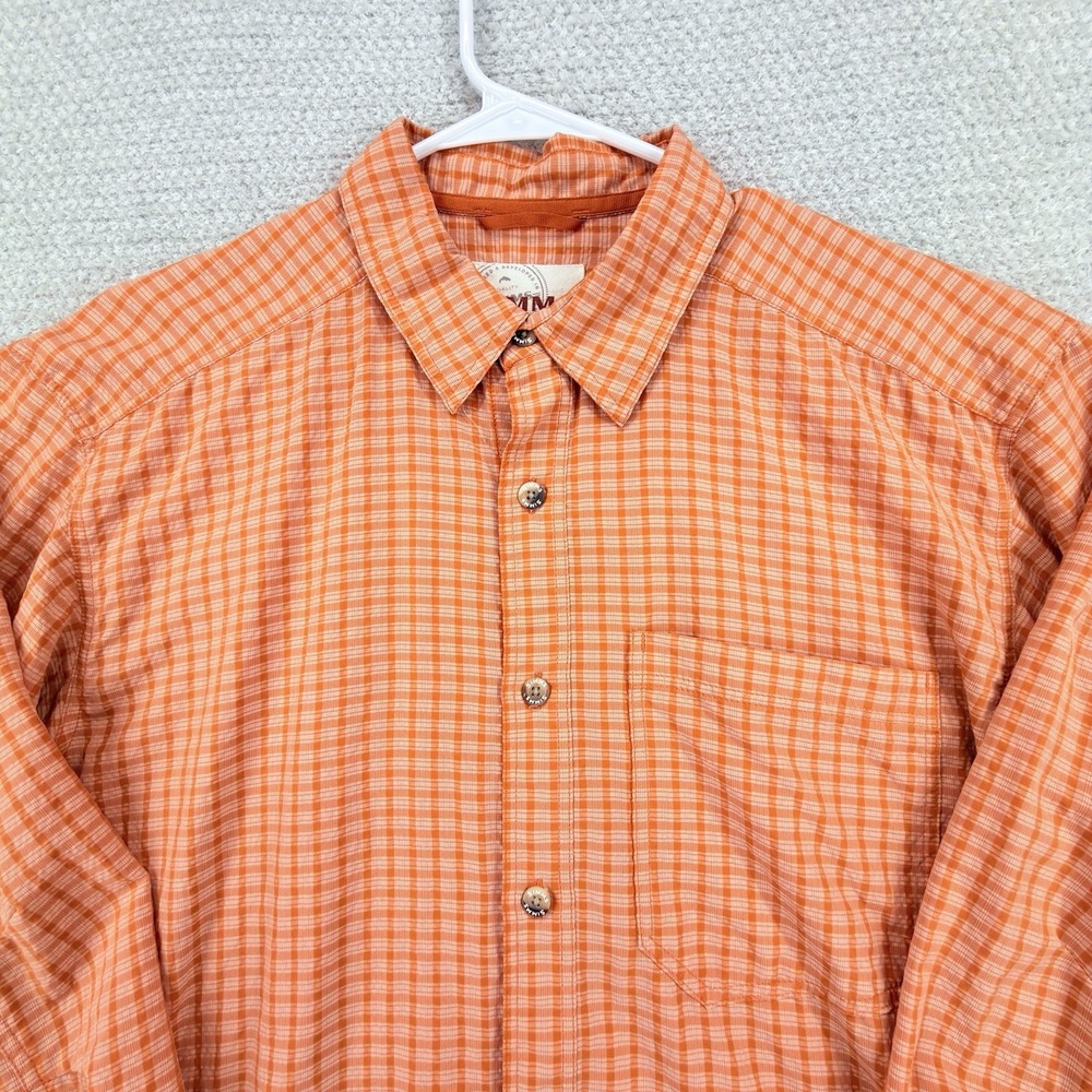 Simms Fishing Shirt Mens Large Orange Plaid Seersucker Long Sleeve Nylon Outdoor - Picture 2 of 10